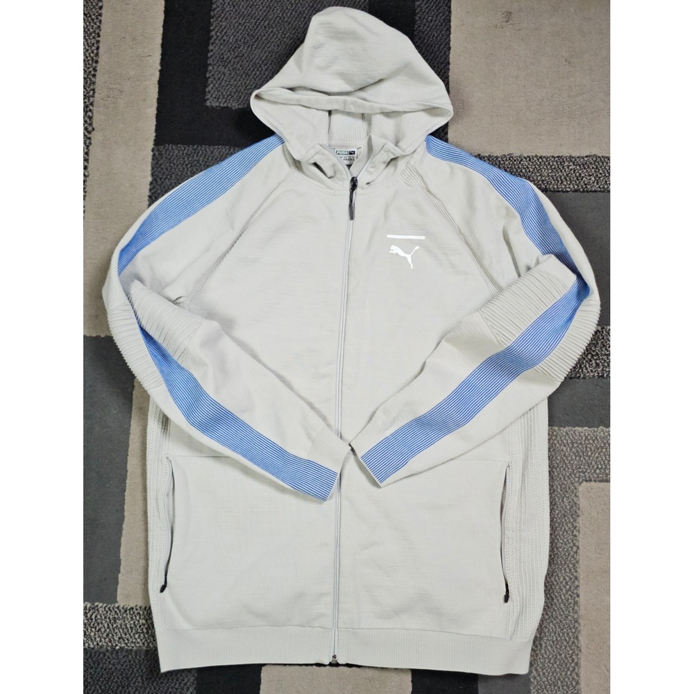 Puma Ribbed Full Zip Hoodie Mens XL Grey Blue Slim Fit 573367 Good